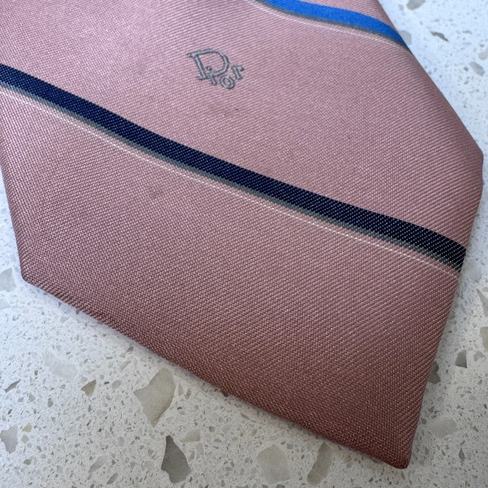 Christian Dior Mens Silk Blend Striped Tie Pink Blue Made in USA Italian Fabric